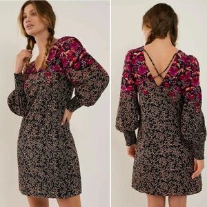 Anthropologie Cyree tunic mini dress floral black purple‎ puff sleeves boho 6